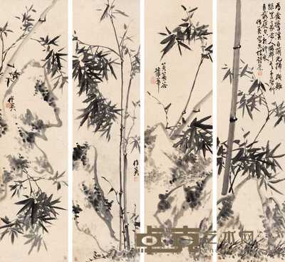 蒲华 竹石图 四屏 143.5×37.5cm×4